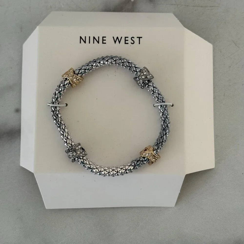 Nine West Silver-Tone Mesh Bracelet With Gold & Silver Crystal-Embellished Accen